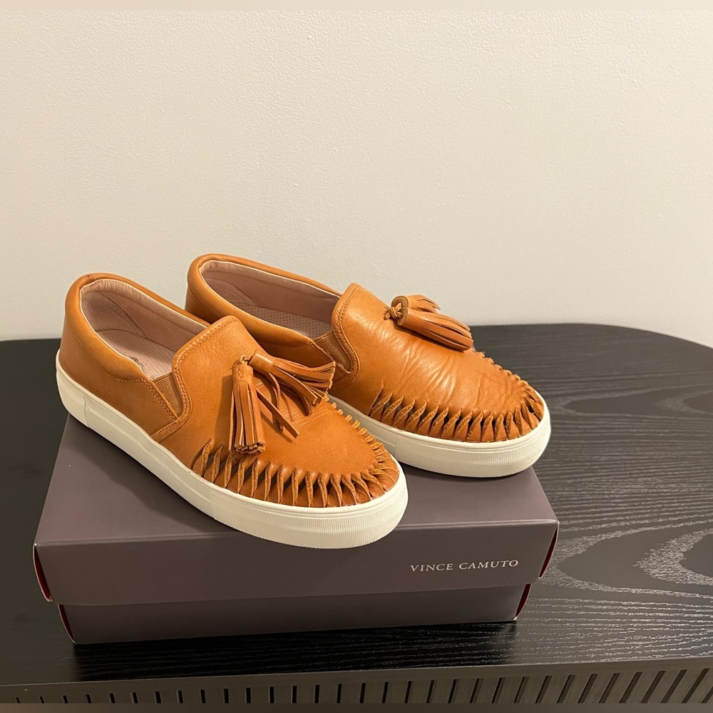 Vince Camuto Cognac Leather Tassel Sneakers